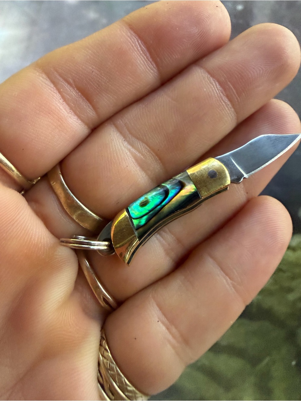 Mini Abalone Inlay Keychain Knife - Green Accent